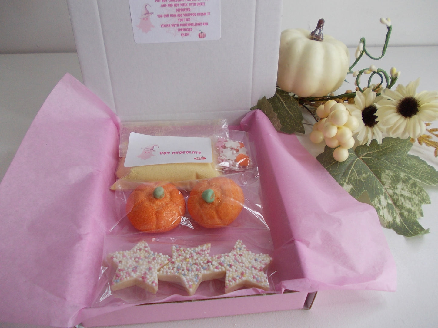 Pastel Halloween Hot Chocolate kit, trick or treat gift. kids or adults will love this letter box gift set