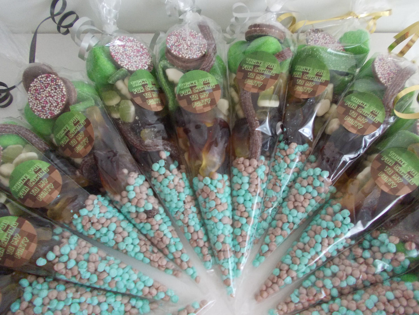10 Gaming themed green and brown pre filled sweet cones, kids Party bags or favours